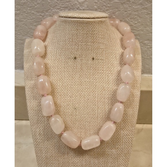 CJS Jewelry - Chunky Rose Quarts Sterling Silver‎ Hand Knotted Necklace Signed CJS 17-19"